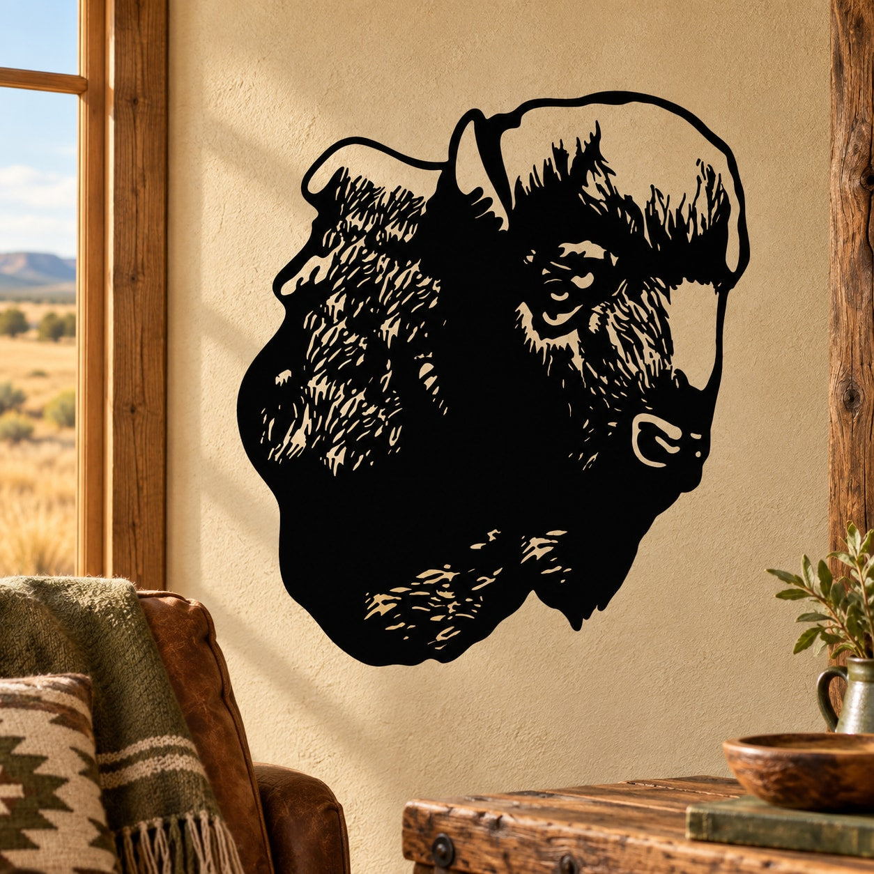 Black bison head wall decal with detailed textured silhouette