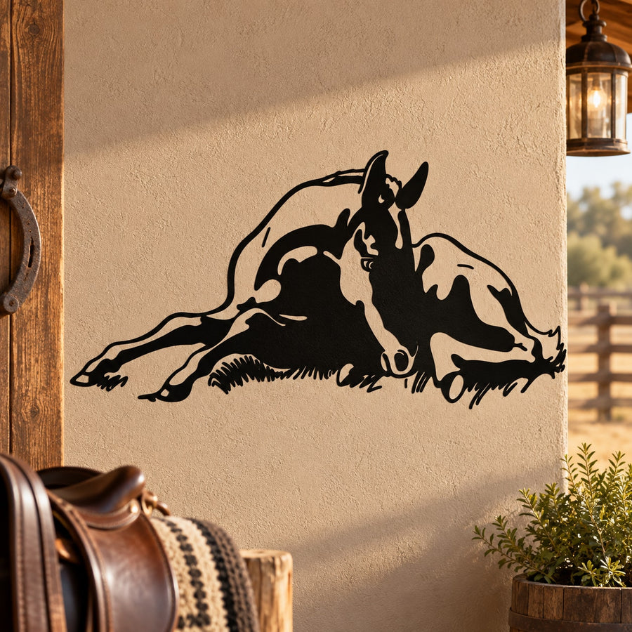 Resting foal wall decal with black silhouette of a lying foal