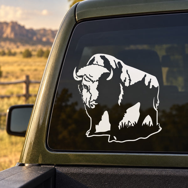 Bison buffalo decal with white silhouette on dark vehicle window