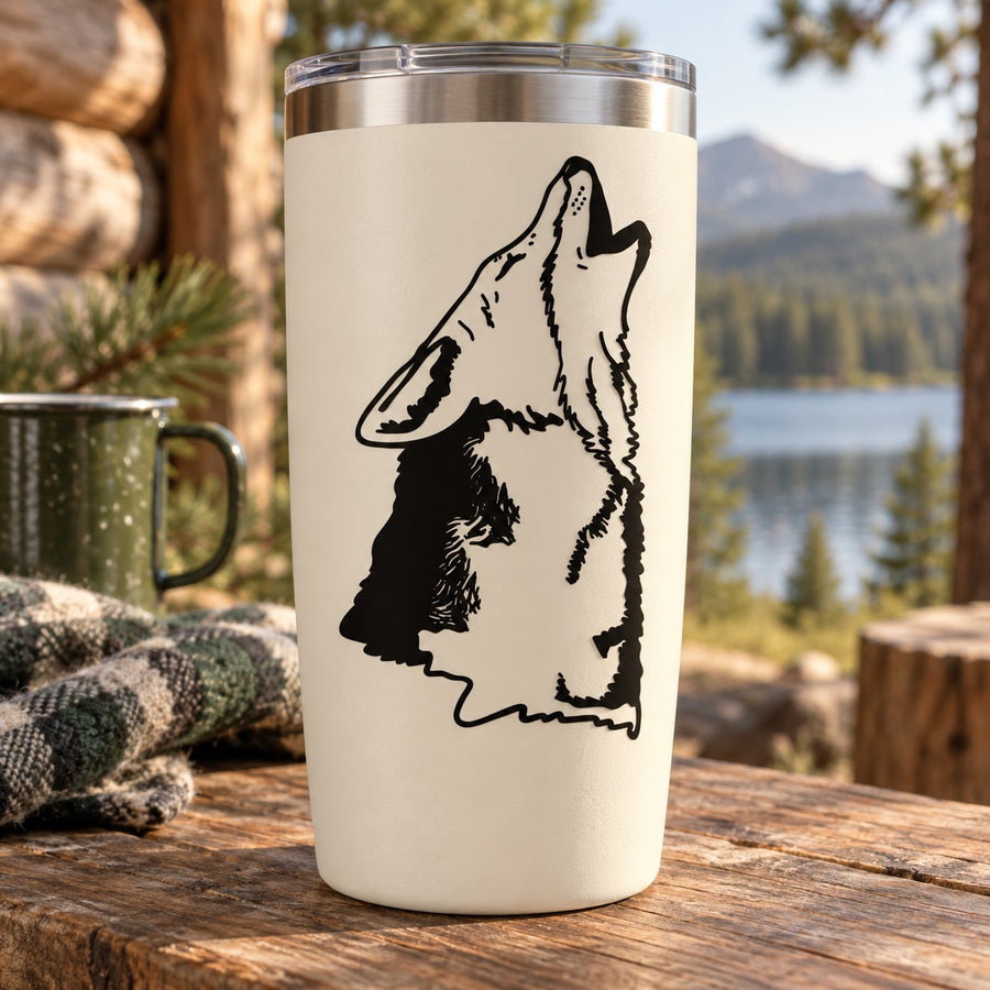 Stainless steel tumbler with black Indian wolf decal