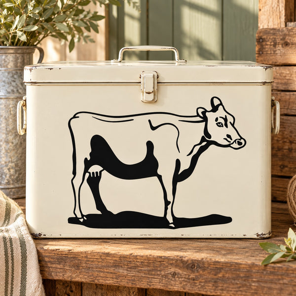 Cartoon cow head decal in black outline with white fill on a light background