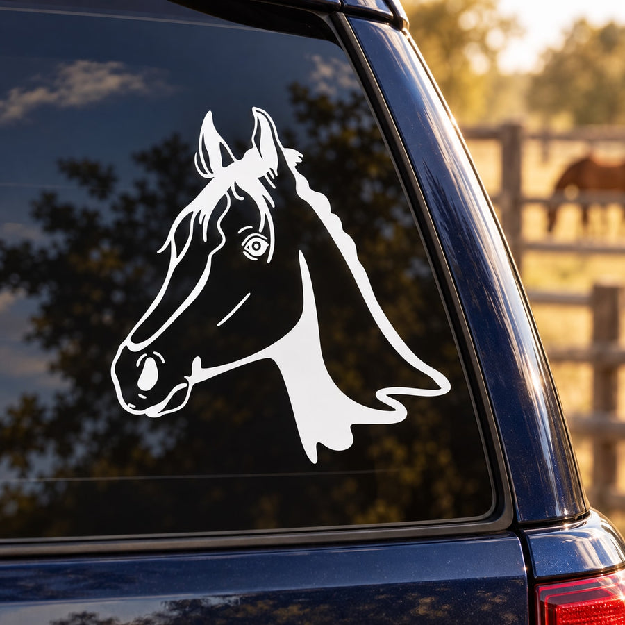 Horse head decal sticker in white, detailed line art for car window