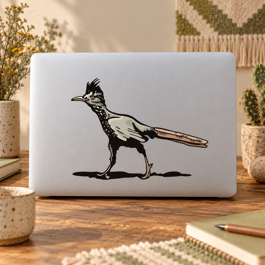 Roadrunner bird sticker with black, gray, and orange illustration on a white rectangle