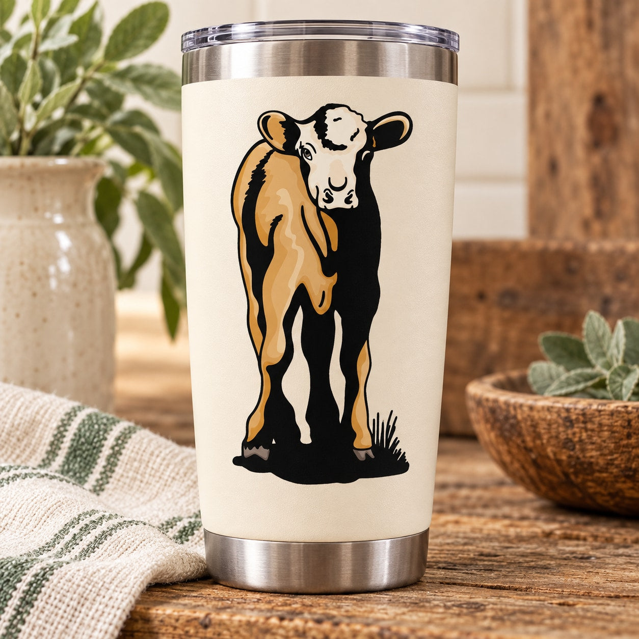 Calf watching graphic sticker on white tumbler with stainless steel lid