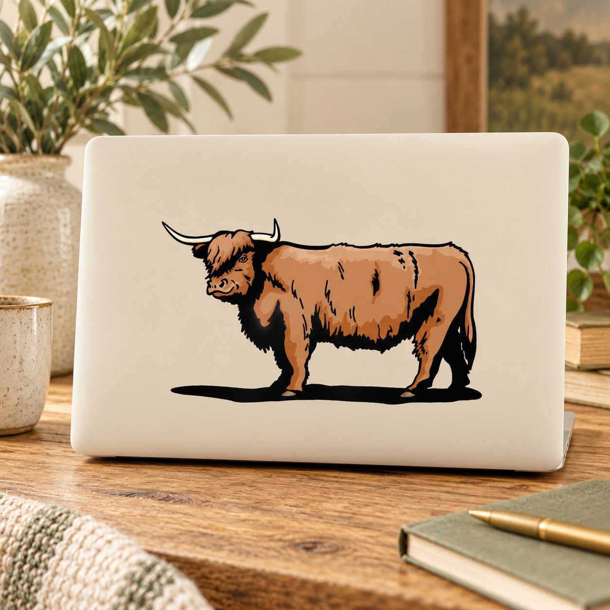 Brown longhorn cow cattle sticker decal with black outline on a white surface