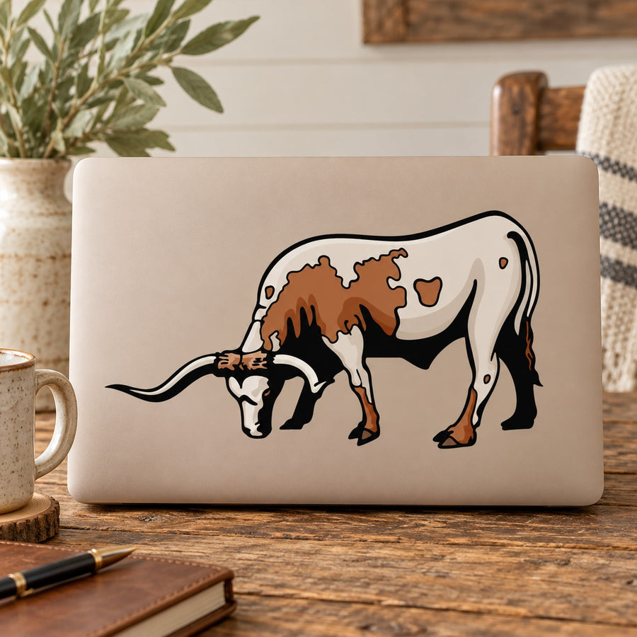 Grazing longhorn cow cattle sticker with brown and white cartoon design