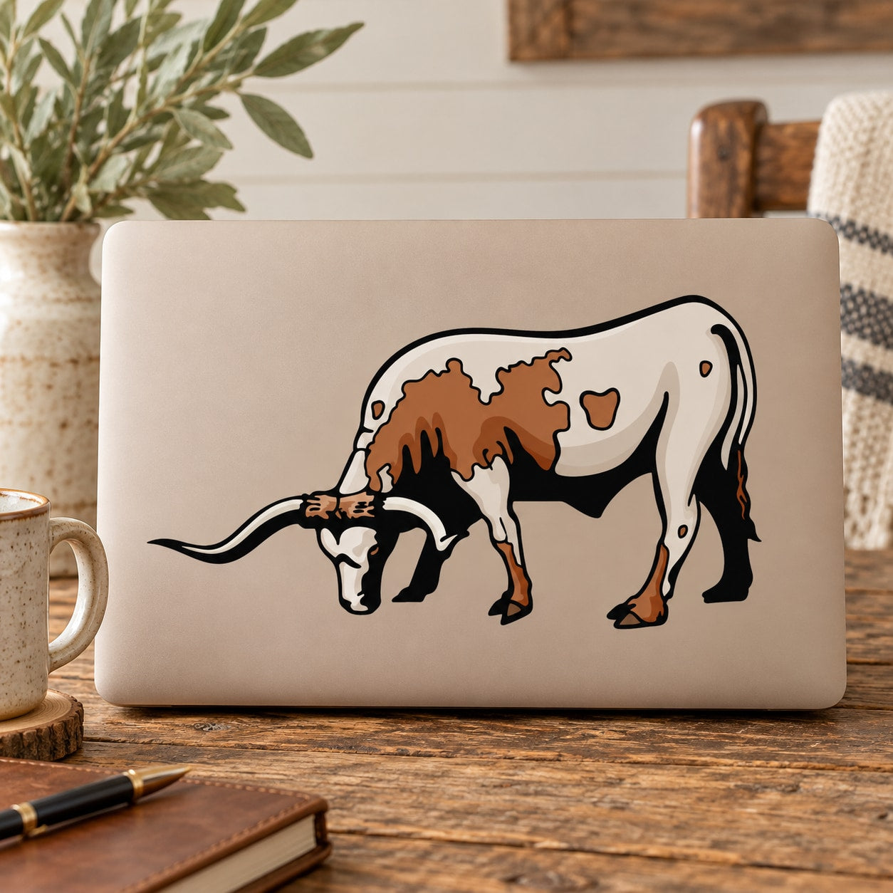 Grazing longhorn cow cattle sticker with brown and white cartoon design
