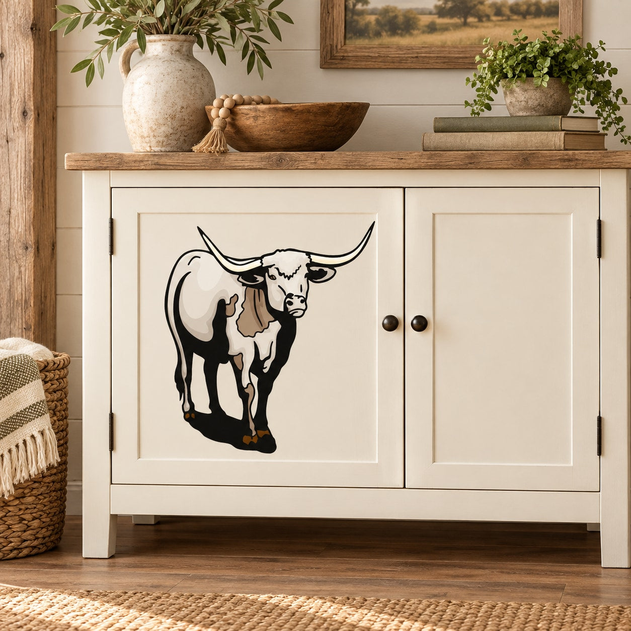 Texas longhorn cattle sticker showing black-and-white cow head with long horns