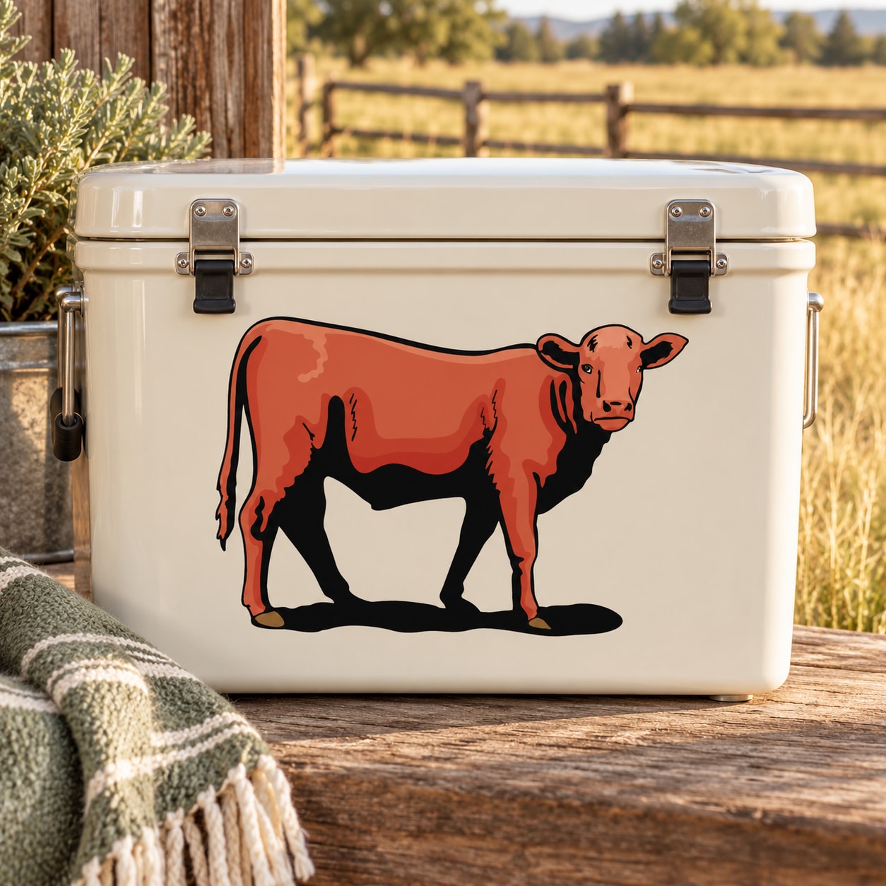 Hereford cow cattle sticker, red-brown standing cow illustration on white background