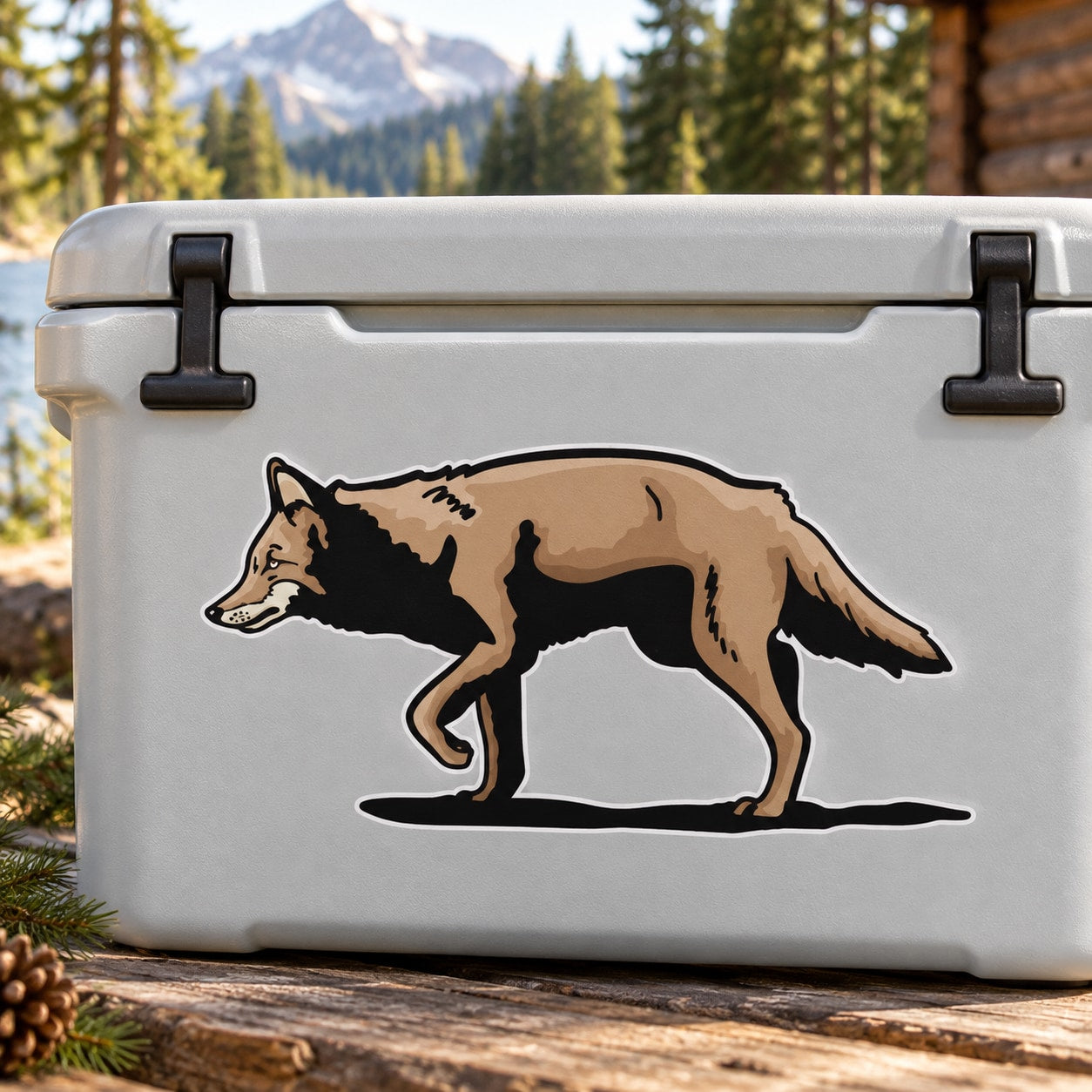 Hunting Wolf sticker: running brown and black wolf with shadow, on light gray surface