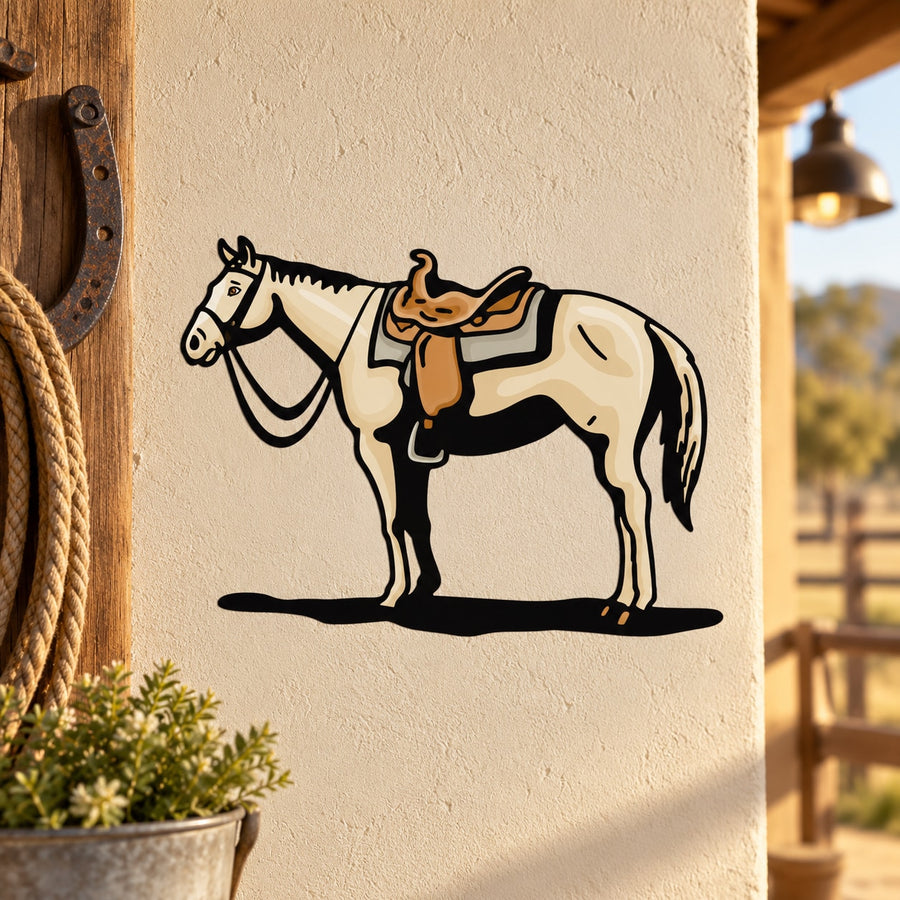 Saddled horse sticker decal with black-and-cream outline of a standing horse.