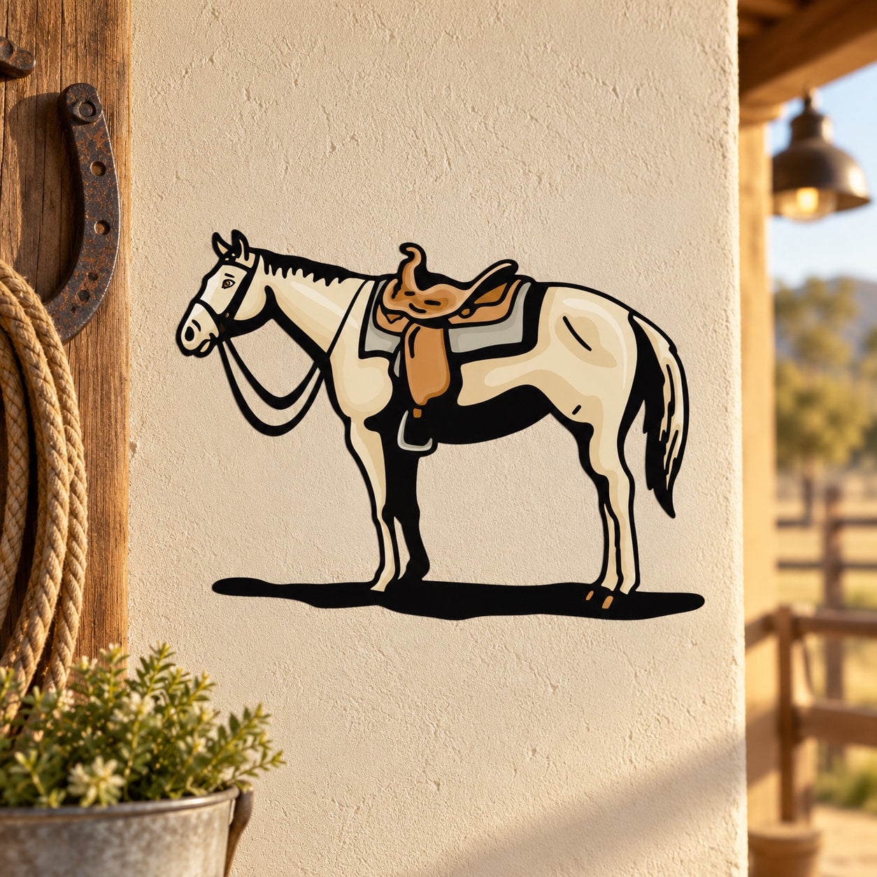 Saddled horse sticker decal with black-and-cream outline of a standing horse.