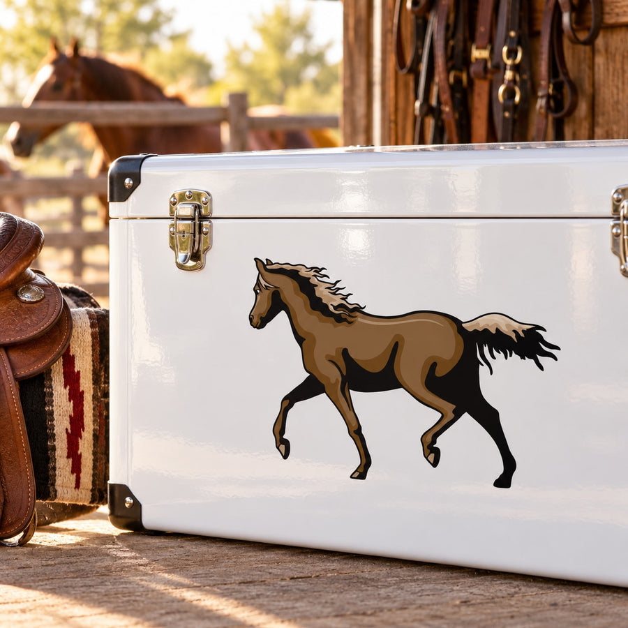 Running horse sticker with brown and black silhouette on a white surface