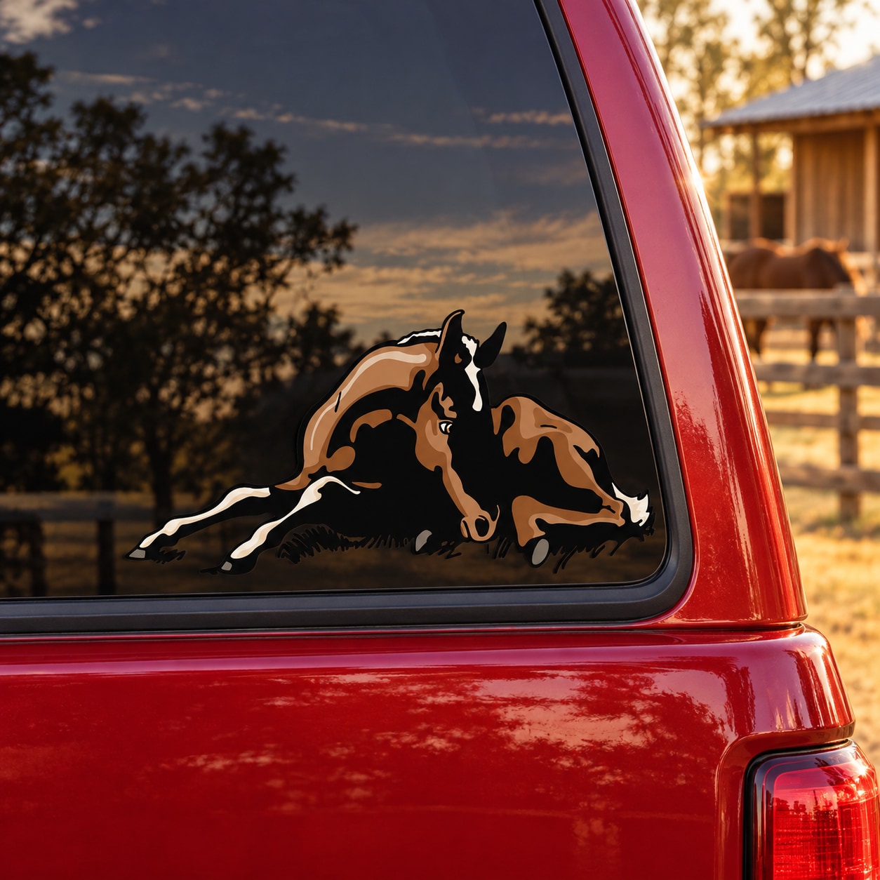 Sleeping foal horse sticker with two lying foal illustrations, black and tan with white highlights
