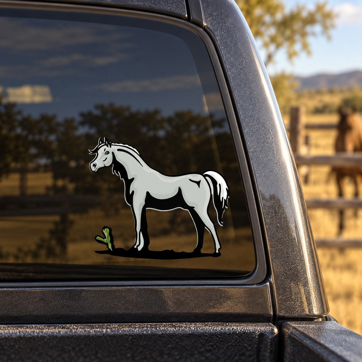 White horse and green cactus decal on a car window