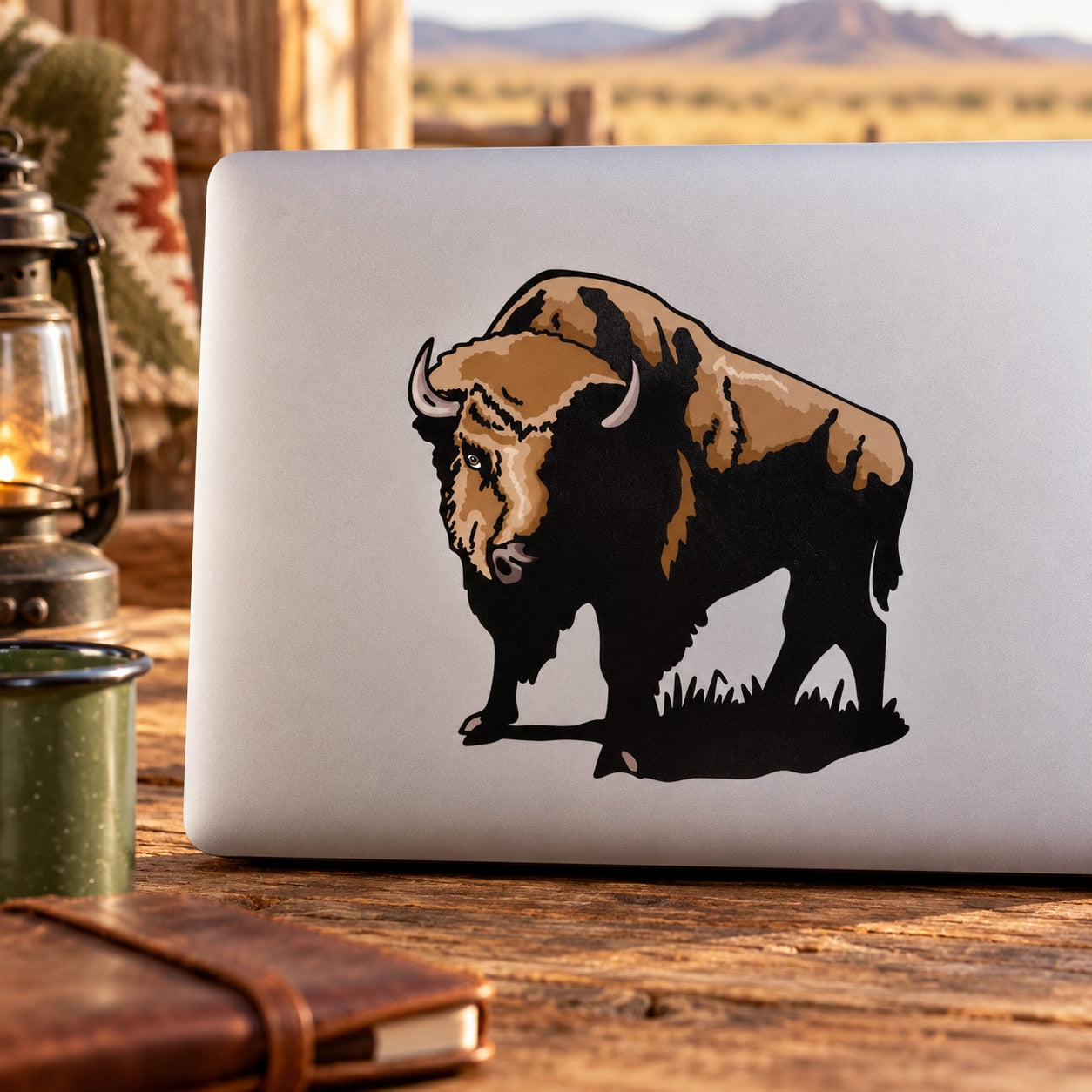 Bison buffalo die-cut sticker, black and brown animal figure looking left