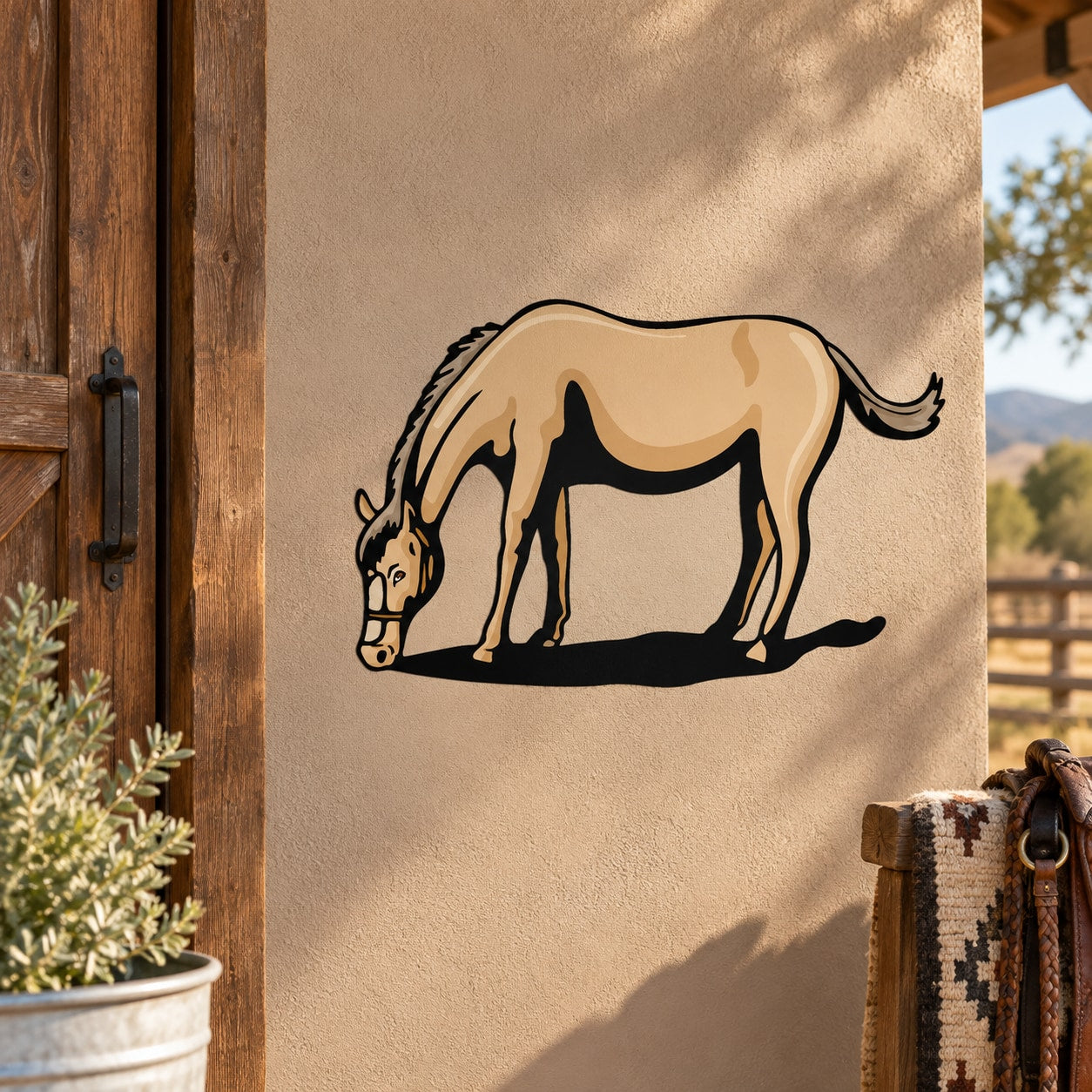 Grazing horse sticker with black outline and tan fill, single horse profile