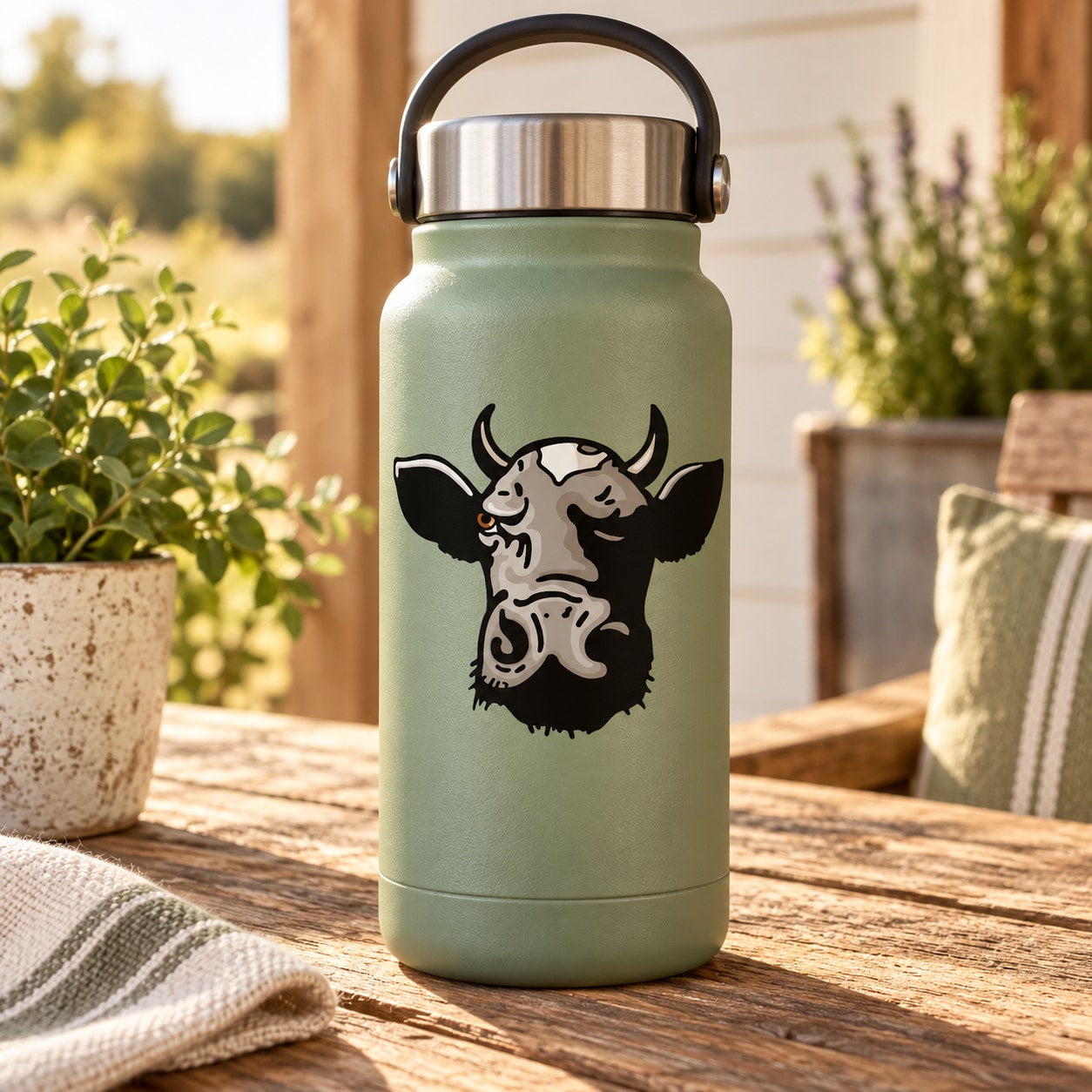 Olive green insulated water bottle with cartoon cow face sticker