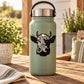 Olive green insulated water bottle with cartoon cow face sticker