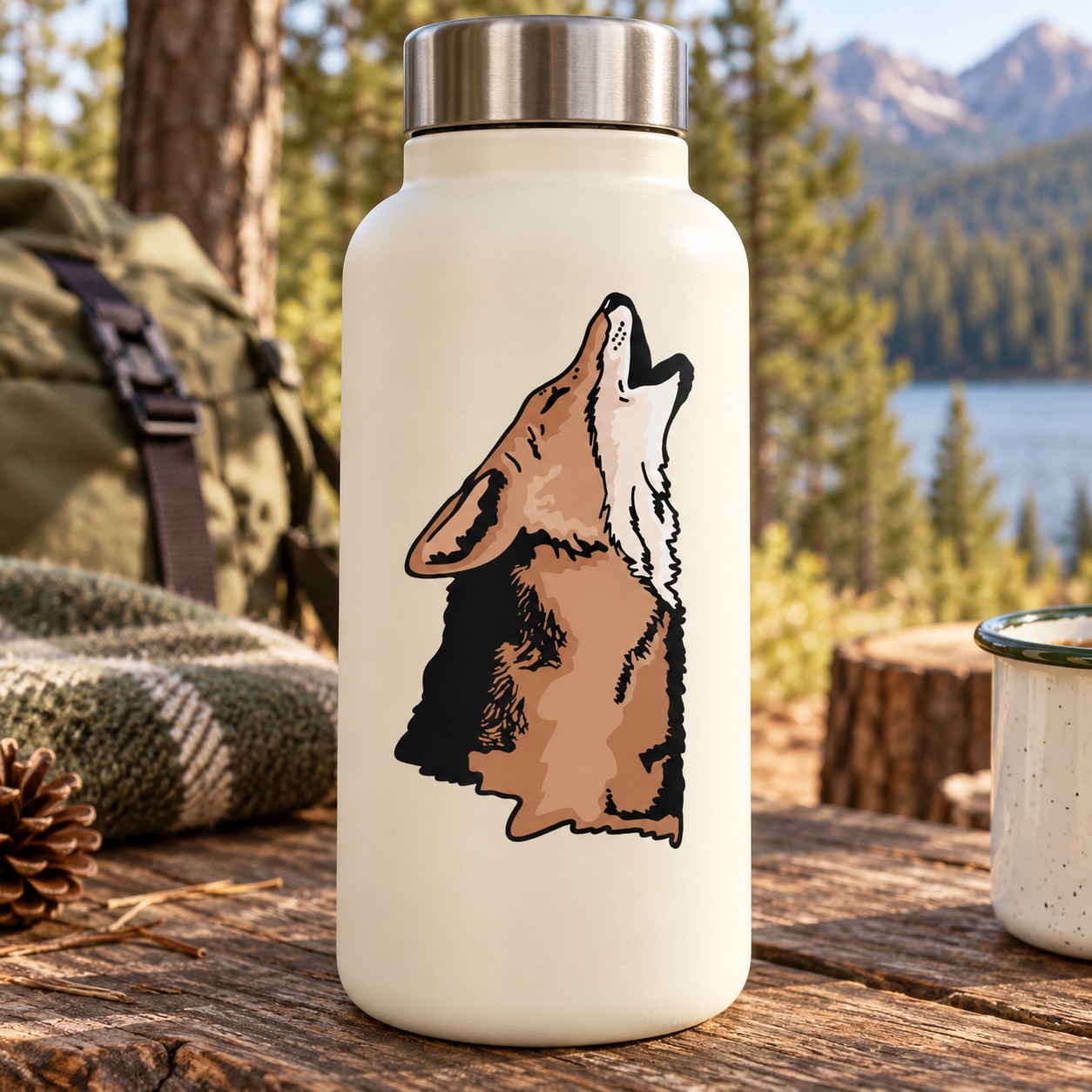 Wolf head sticker on white water bottle, brown and black illustration
