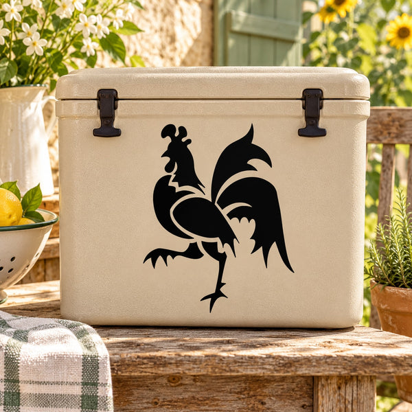 Rooster decal with black rooster silhouette on cream cooler lid
