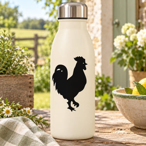 Black feathery rooster decal silhouette on a light-colored bottle