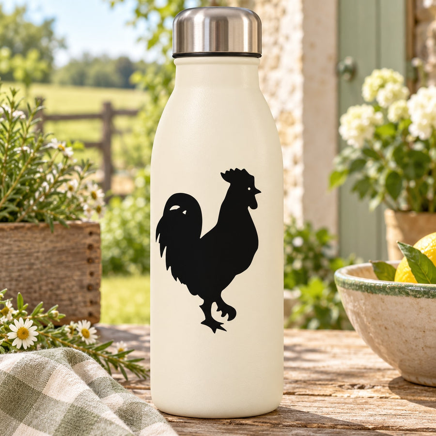 Black feathery rooster decal silhouette on a light-colored bottle