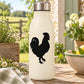 Black feathery rooster decal silhouette on a light-colored bottle