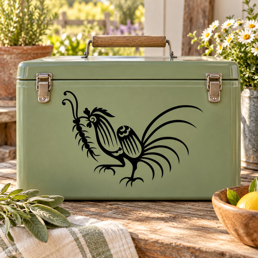Rooster and bug decal on light green suitcase with black illustration