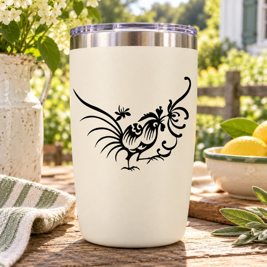 Rooster and flower decal sticker, black rooster with floral accents on light background