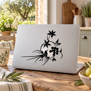 Swirl floral bird wall decal with black bird, leaves, and berry cluster design