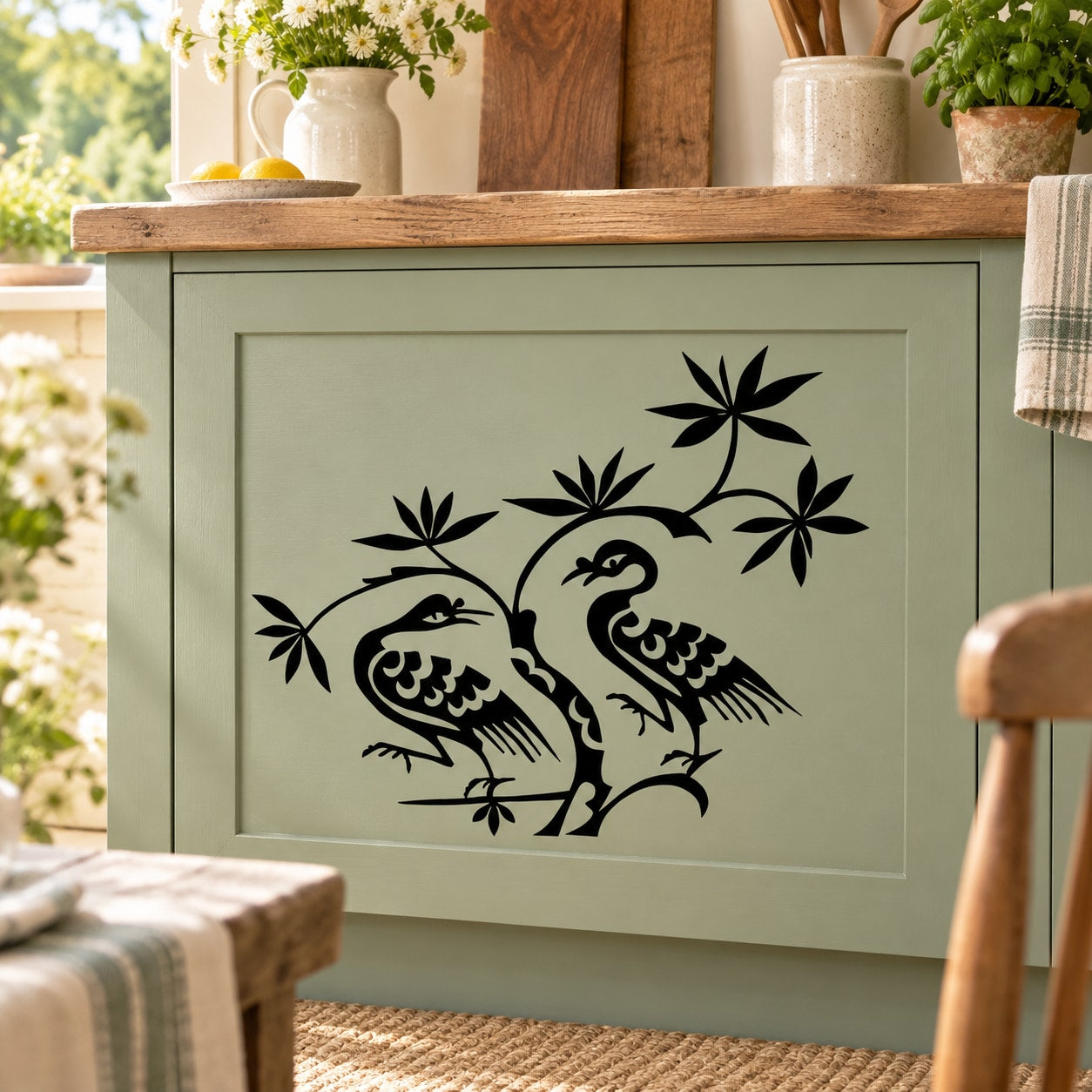 Crane pair decal with two black cranes and floral leaves on a light green cabinet door