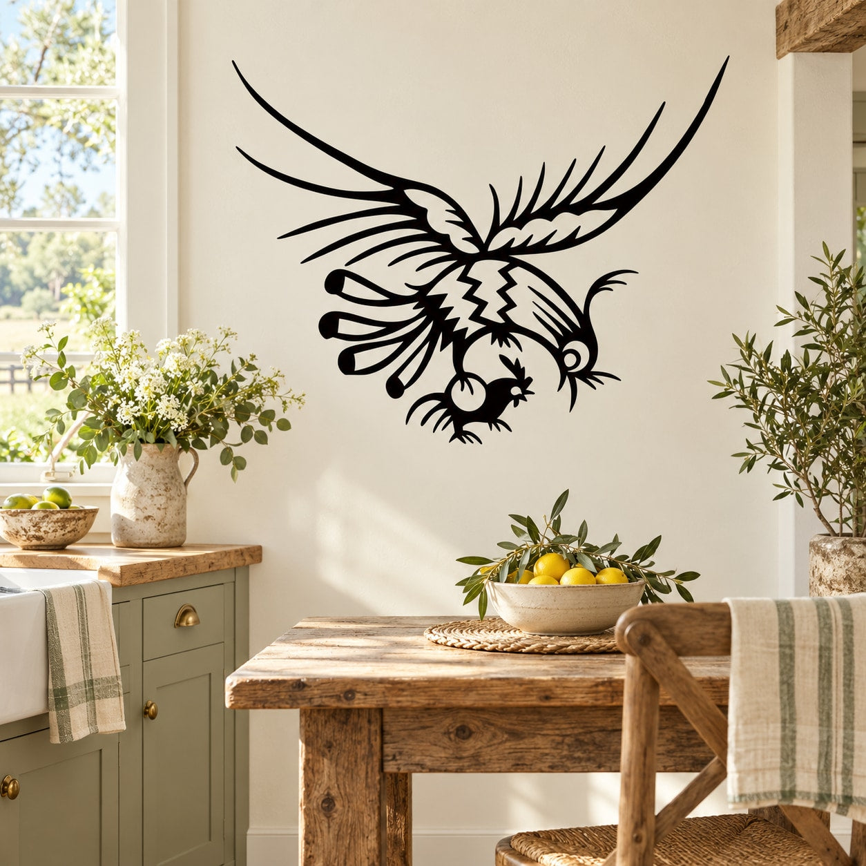 Rooster bird-catching wall decal in black line art