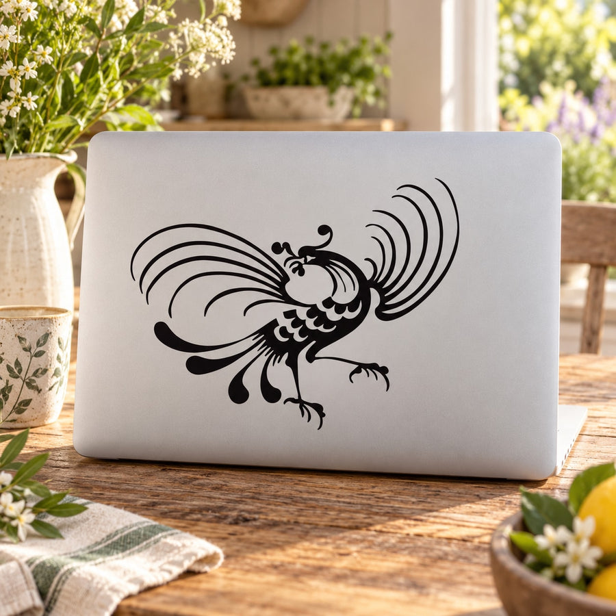 Peacock decal sticker with black peacock and swirling wave lines