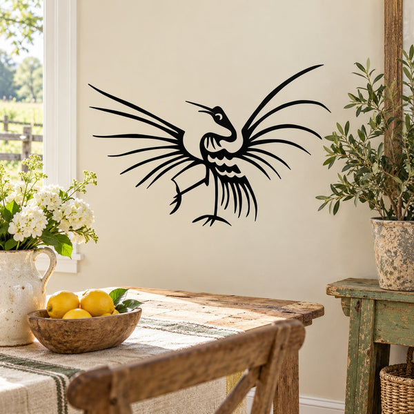 Whooping crane wall decal, black line-art bird with spread wings