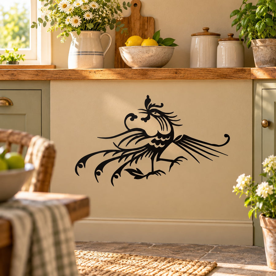 Rooster wall decal with decorative black line-art design on light beige surface