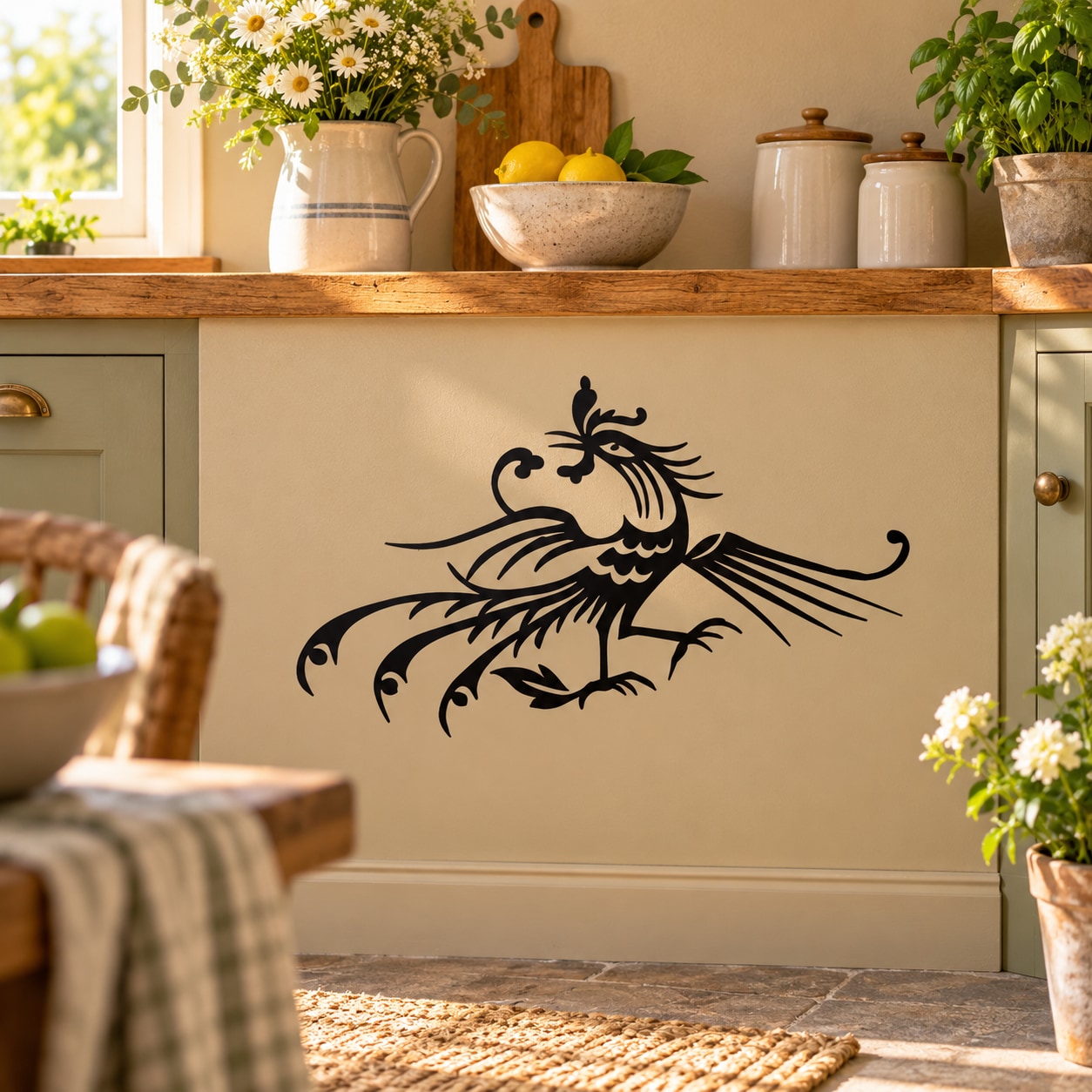 Rooster wall decal with decorative black line-art design on light beige surface