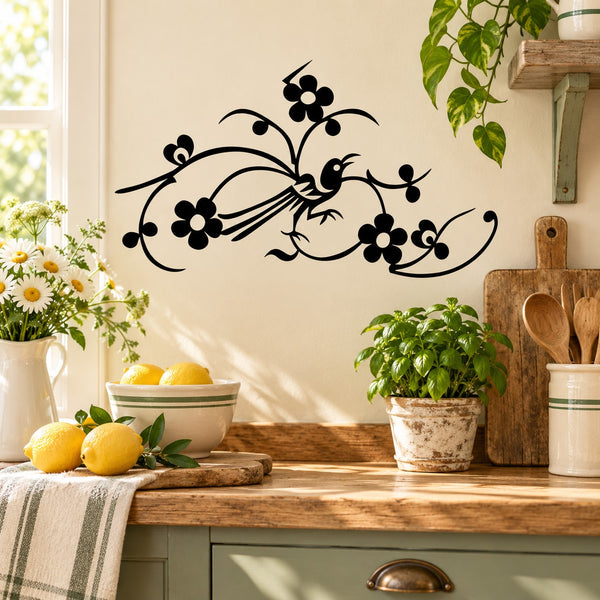 Black bird wall decal with floral scrollwork and flower accents