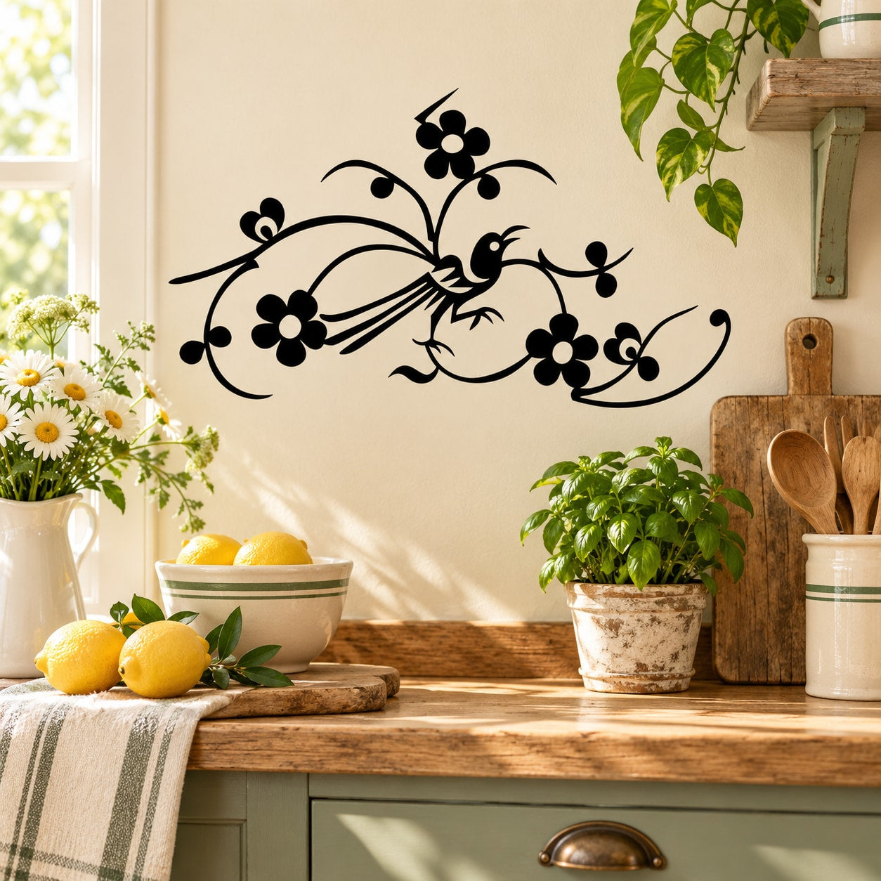 Black bird wall decal with floral scrollwork and flower accents
