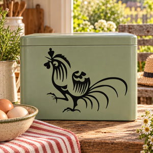 Rooster silhouette decal on light green storage container