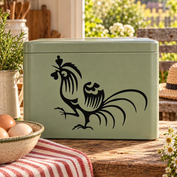 Rooster silhouette decal on light green storage container