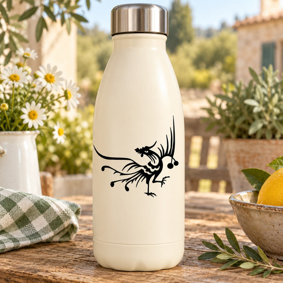 Black rooster decal with flowing feathers on a white bottle