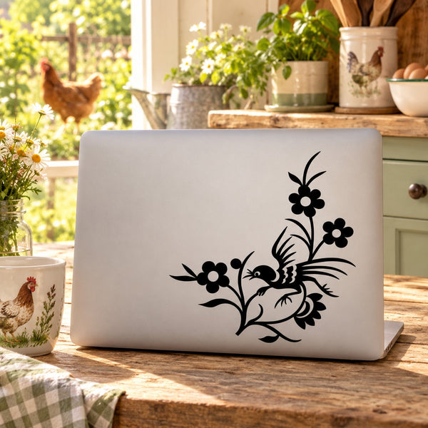 Rooster and flower decal with black bird and blossoms on white background