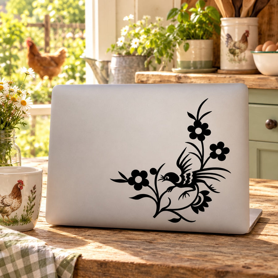 Rooster and flower decal with black bird and blossoms on white background