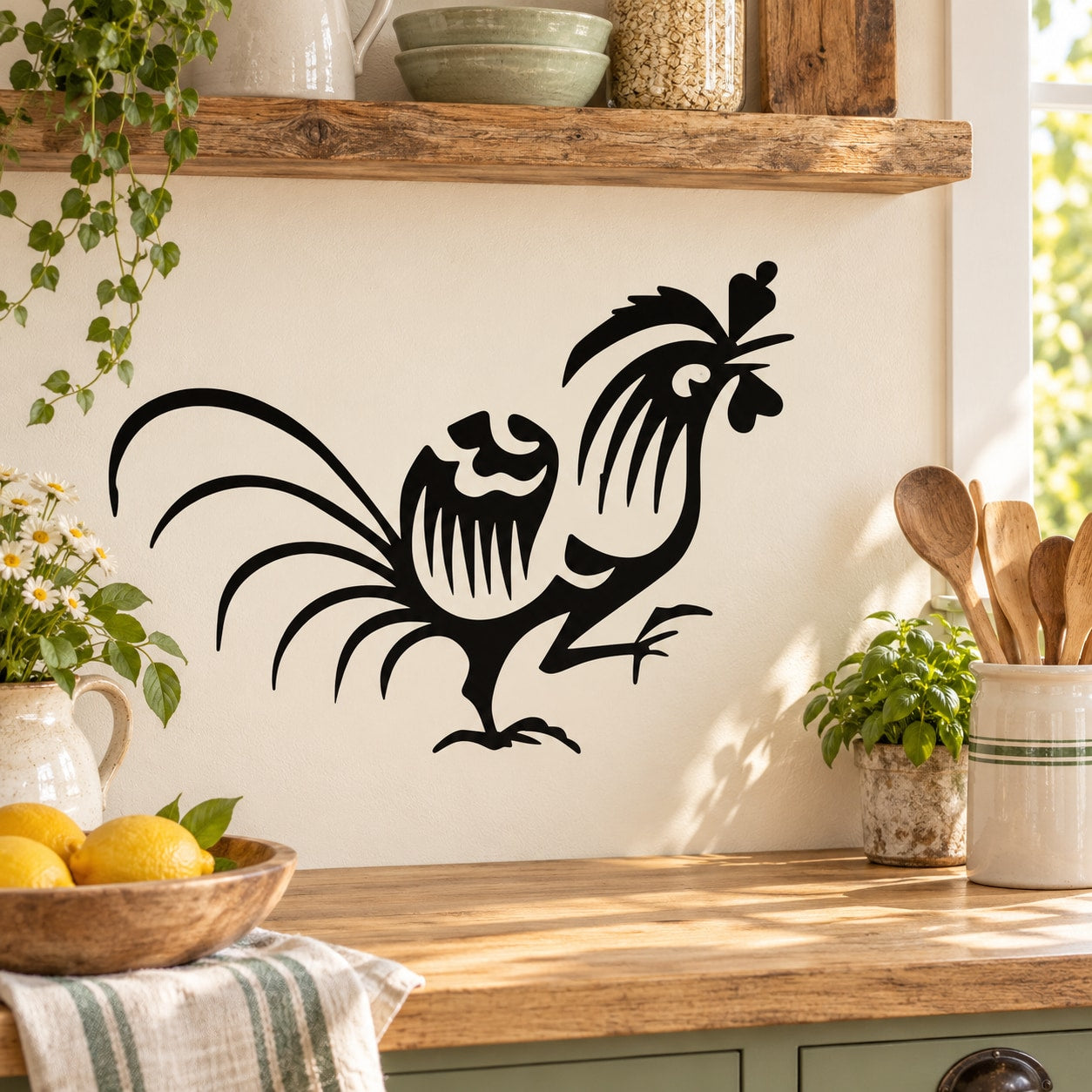 Black rooster silhouette wall decal with bold line art