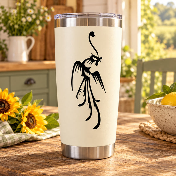 Stainless steel tumbler with black rooster decal on cream panel