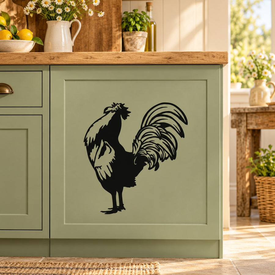 Rooster greeting decal with black rooster silhouette on a pale green panel