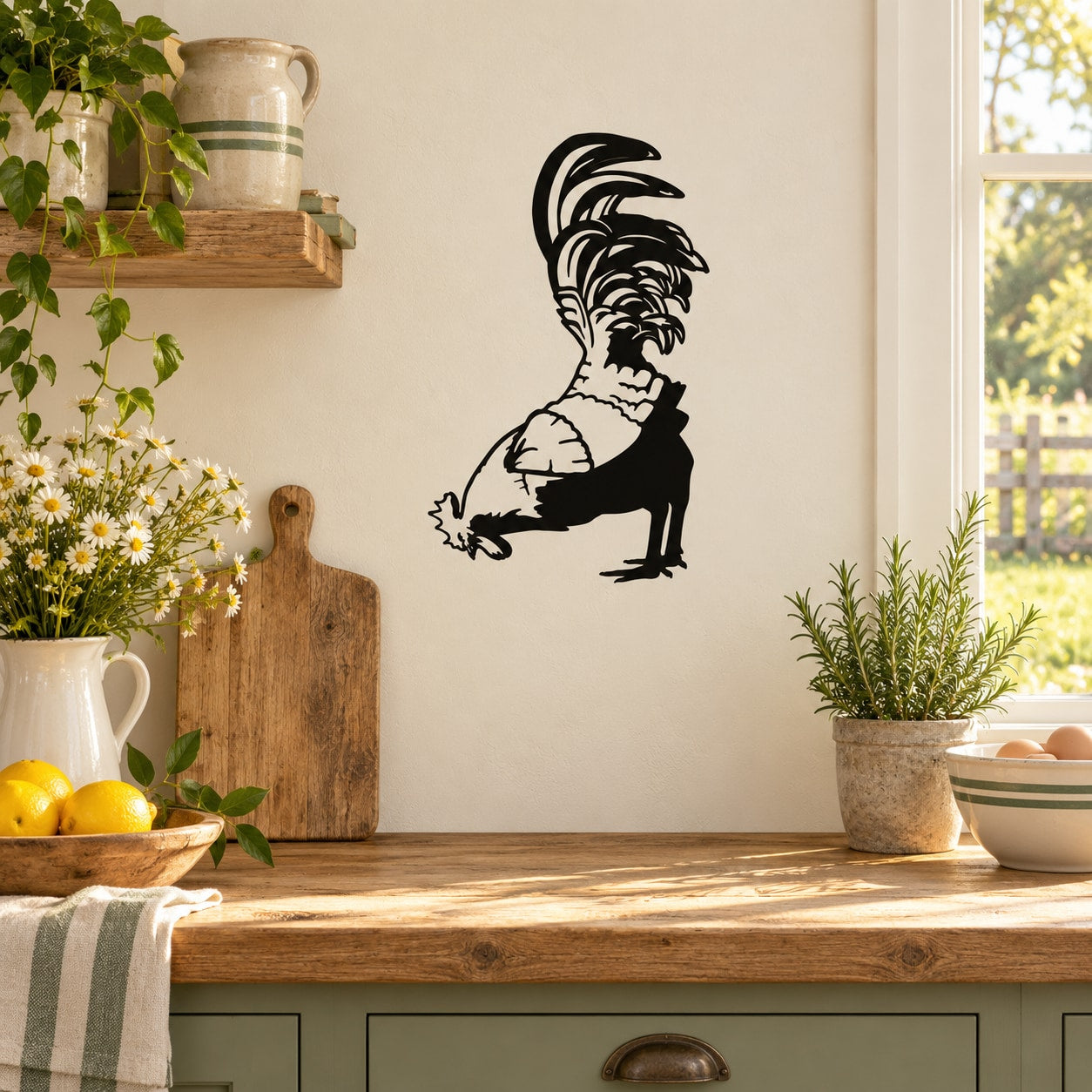 Rooster feeding wall decal with black cartoon rooster pecking
