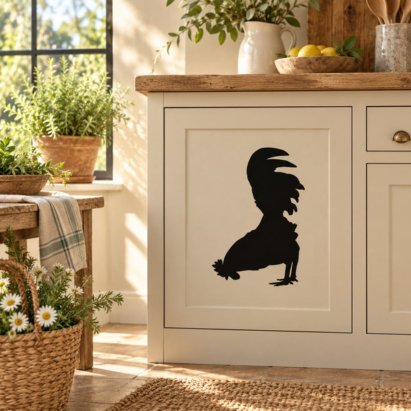 Rooster feeding silhouette decal with black rooster profile on cream square