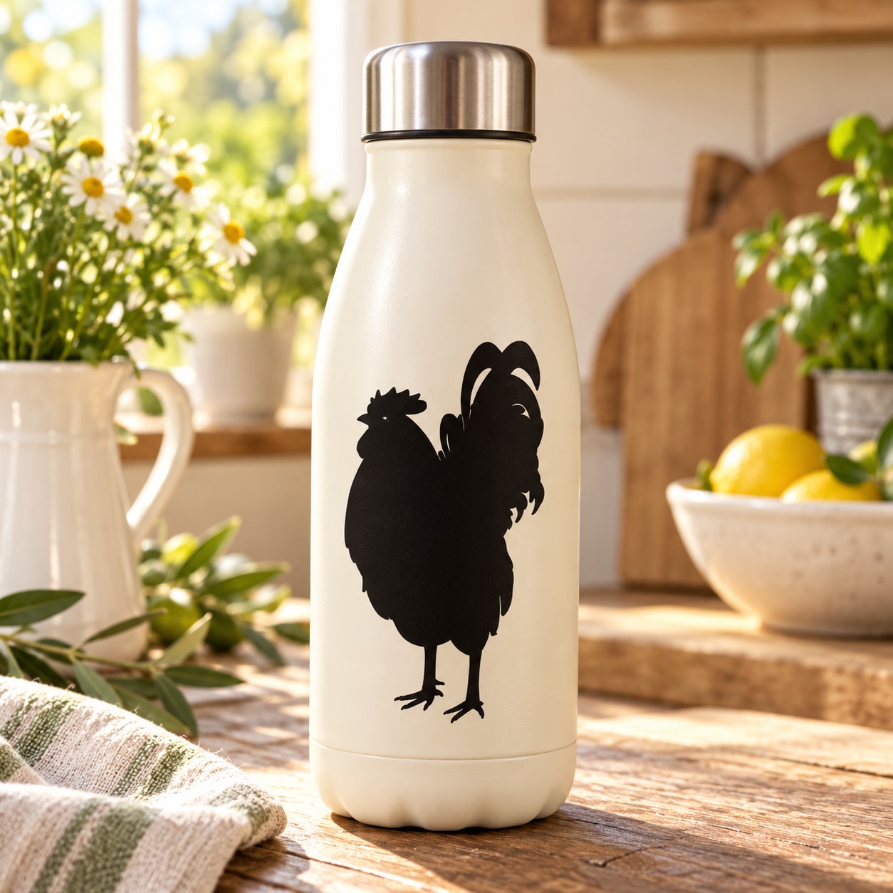 Rooster silhouette decal on white bottle, black standing bird graphic